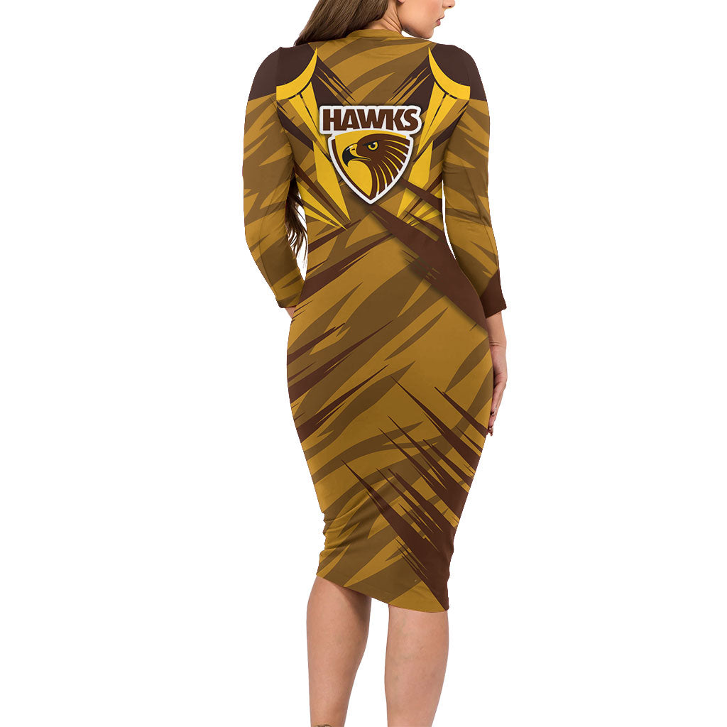 Hawthorn Hawks Australian Football Long Sleeve Bodycon Dress Fierce Bird Mascot - Bold Team Colors