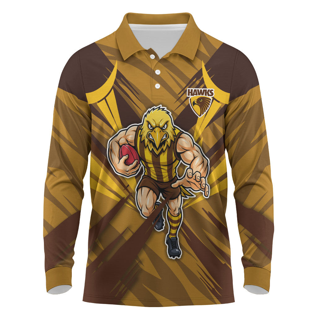 Hawthorn Hawks Australian Football Long Sleeve Polo Shirt Fierce Bird Mascot - Bold Team Colors