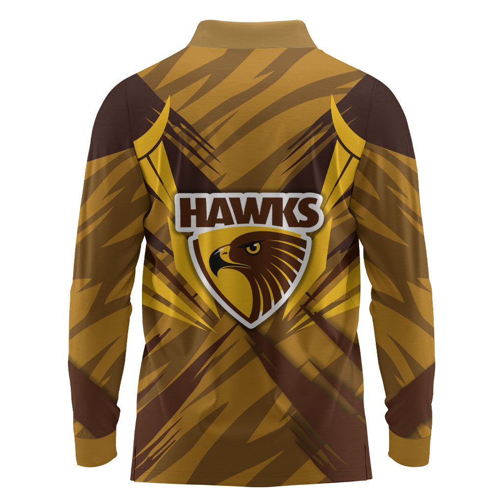 Hawthorn Hawks Australian Football Long Sleeve Polo Shirt Fierce Bird Mascot - Bold Team Colors