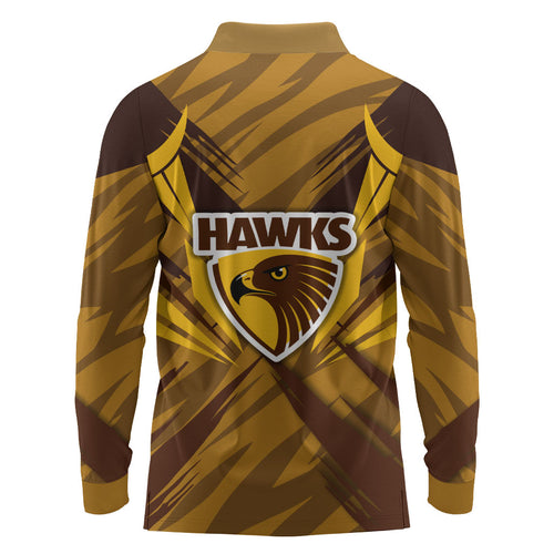 Hawthorn Hawks Australian Football Long Sleeve Polo Shirt Fierce Bird Mascot - Bold Team Colors