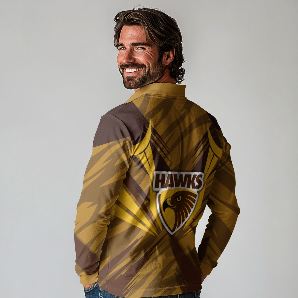 Hawthorn Hawks Australian Football Long Sleeve Polo Shirt Fierce Bird Mascot - Bold Team Colors