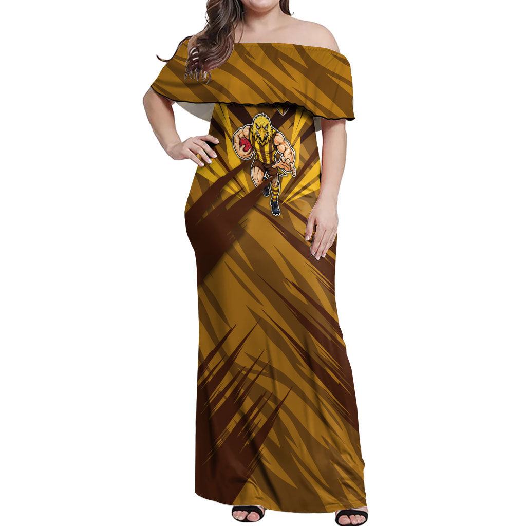 Hawthorn Hawks Australian Football Off Shoulder Maxi Dress Fierce Bird Mascot - Bold Team Colors