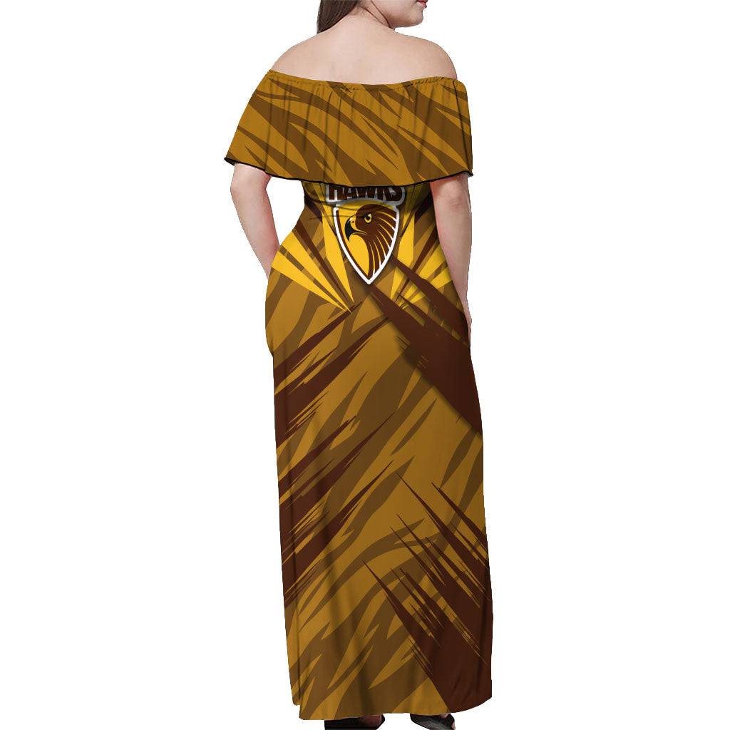 Hawthorn Hawks Australian Football Off Shoulder Maxi Dress Fierce Bird Mascot - Bold Team Colors