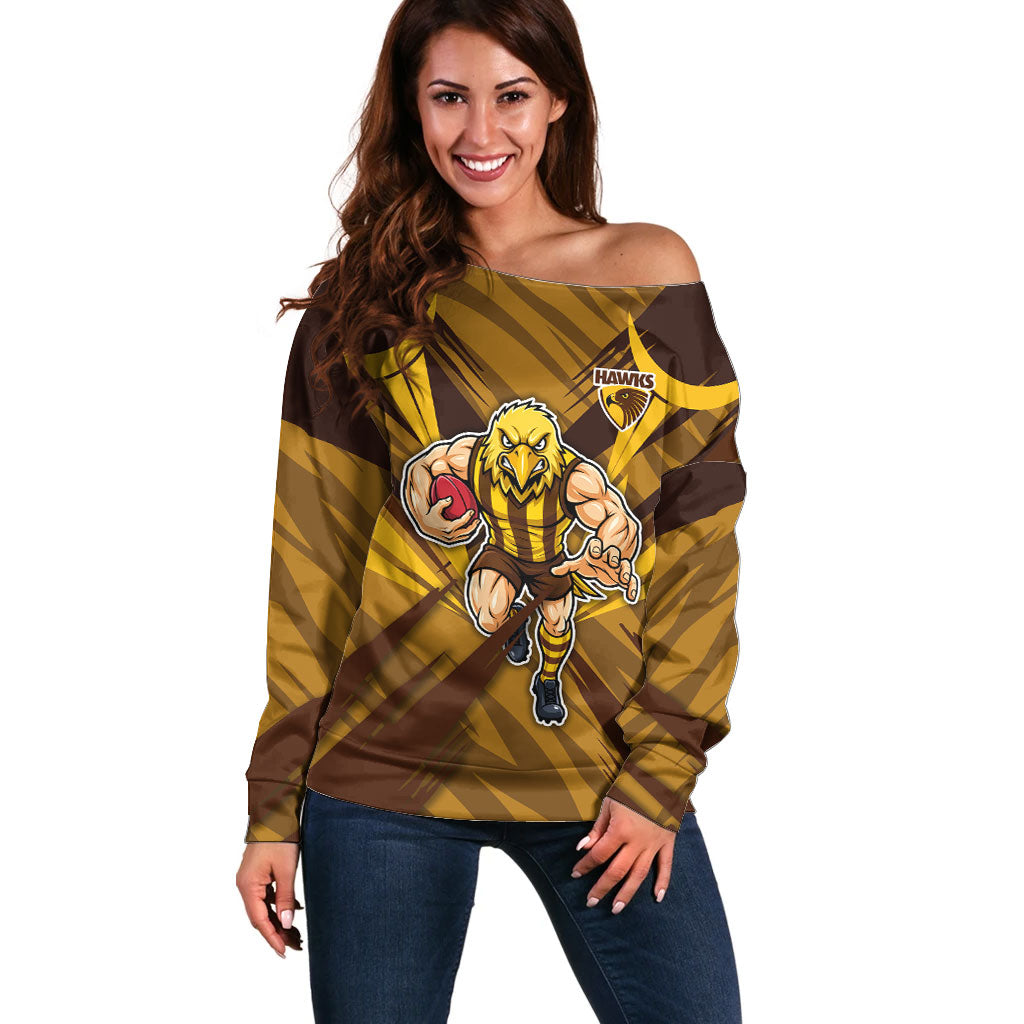 Hawthorn Hawks Australian Football Off Shoulder Sweater Fierce Bird Mascot - Bold Team Colors