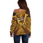 Hawthorn Hawks Australian Football Off Shoulder Sweater Fierce Bird Mascot - Bold Team Colors