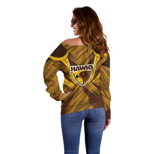 Hawthorn Hawks Australian Football Off Shoulder Sweater Fierce Bird Mascot - Bold Team Colors