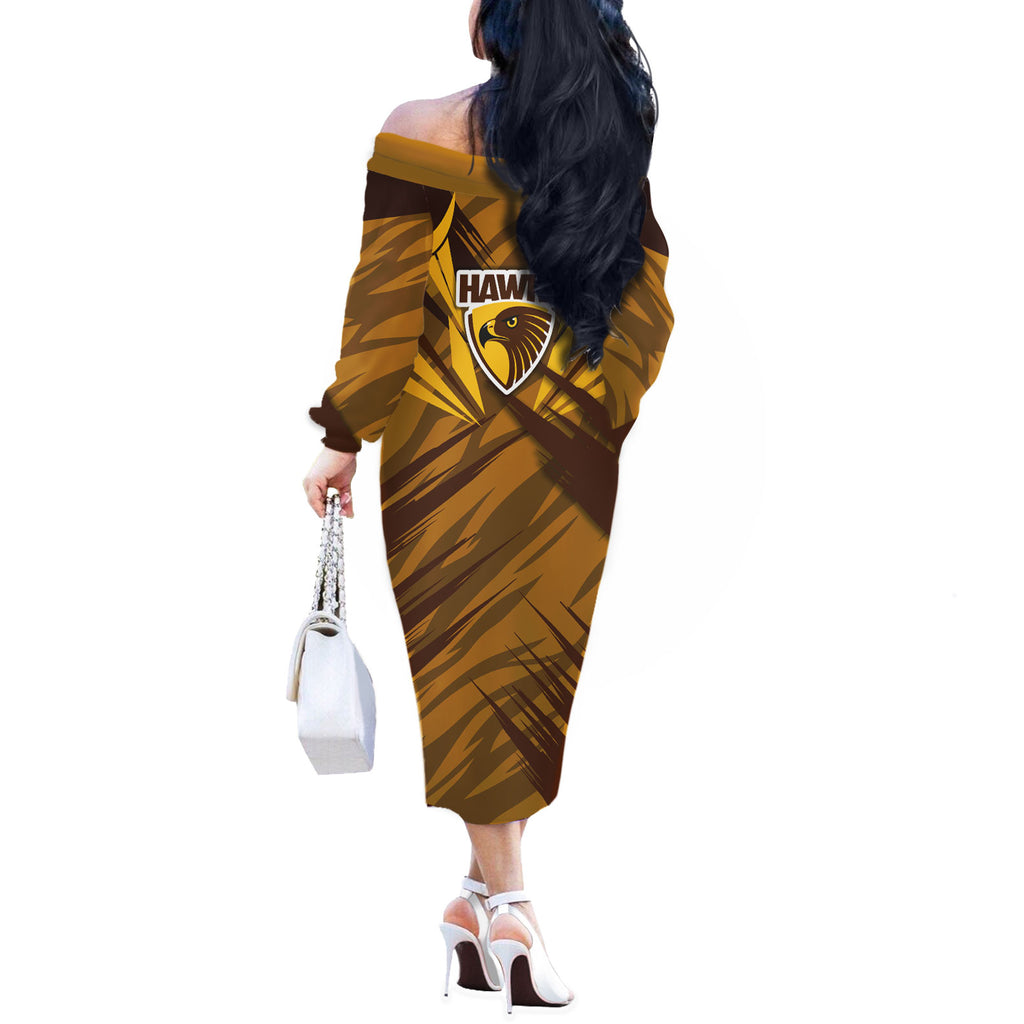 Hawthorn Hawks Australian Football Off The Shoulder Long Sleeve Dress Fierce Bird Mascot - Bold Team Colors