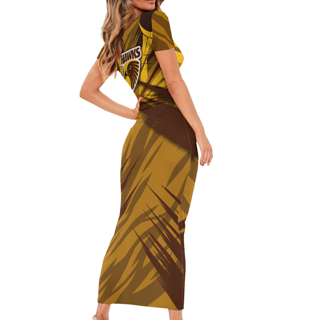Hawthorn Hawks Australian Football Short Sleeve Bodycon Dress Fierce Bird Mascot - Bold Team Colors