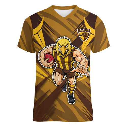 Hawthorn Hawks Australian Football Women V-Neck T-Shirt Fierce Bird Mascot - Bold Team Colors
