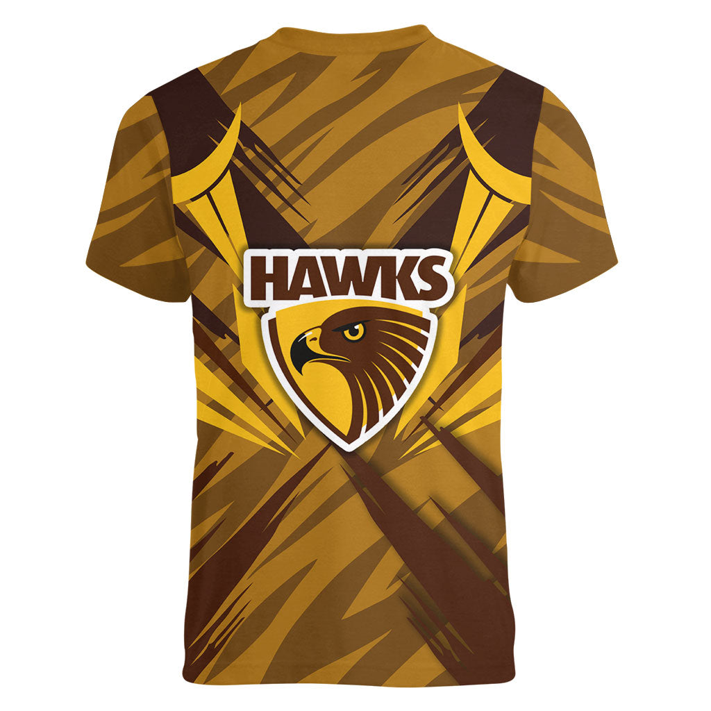 Hawthorn Hawks Australian Football Women V-Neck T-Shirt Fierce Bird Mascot - Bold Team Colors