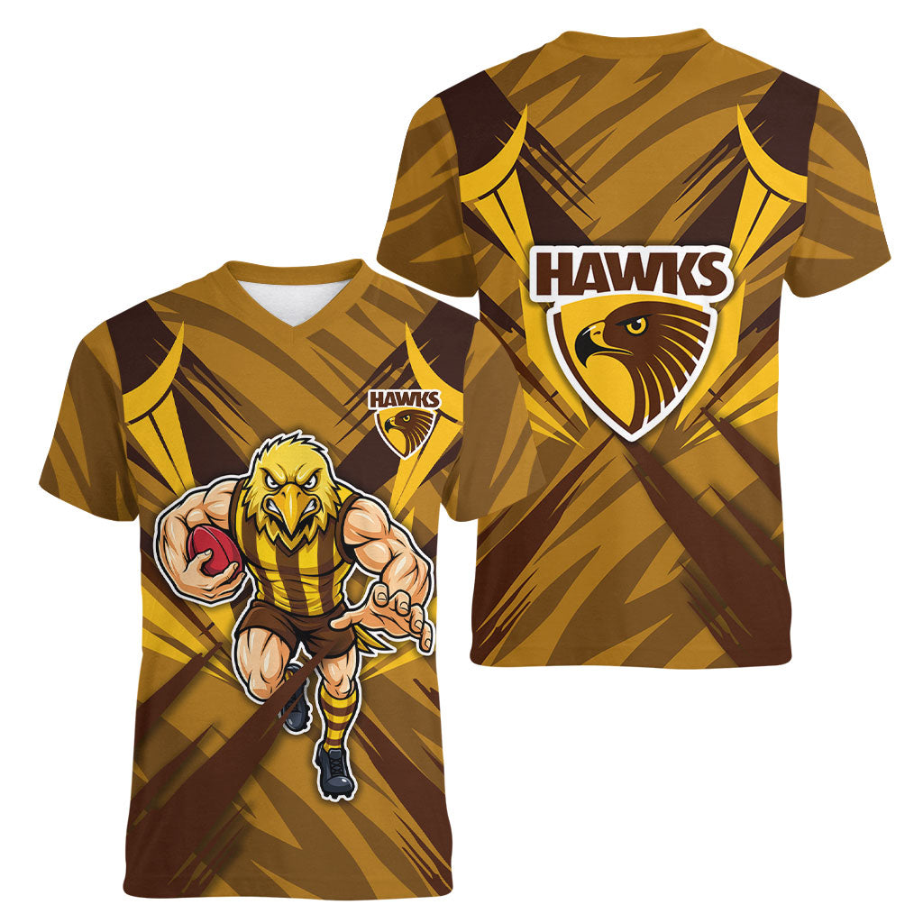 Hawthorn Hawks Australian Football Women V-Neck T-Shirt Fierce Bird Mascot - Bold Team Colors