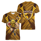 Hawthorn Hawks Australian Football Women V-Neck T-Shirt Fierce Bird Mascot - Bold Team Colors
