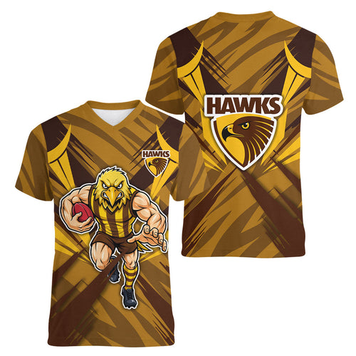Hawthorn Hawks Australian Football Women V-Neck T-Shirt Fierce Bird Mascot - Bold Team Colors