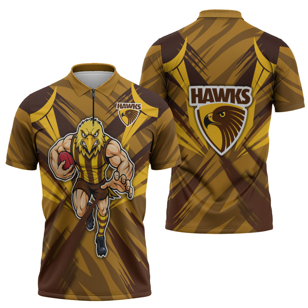Hawthorn Hawks Australian Football Zipper Polo Shirt Fierce Bird Mascot - Bold Team Colors