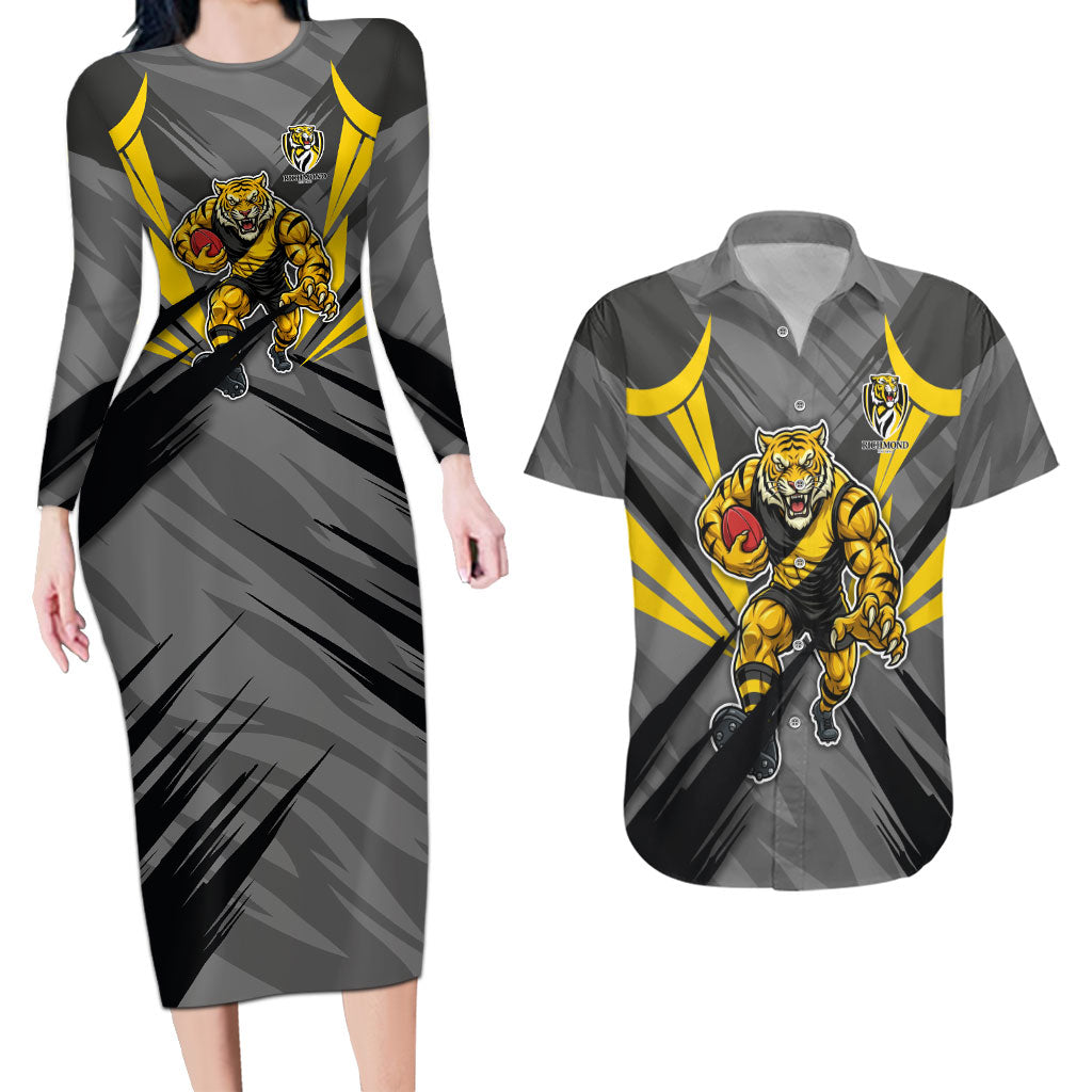 Richmond Tigers Australian Football Couples Matching Long Sleeve Bodycon Dress and Hawaiian Shirt Fierce Tiger Mascot - Bold Team Colors