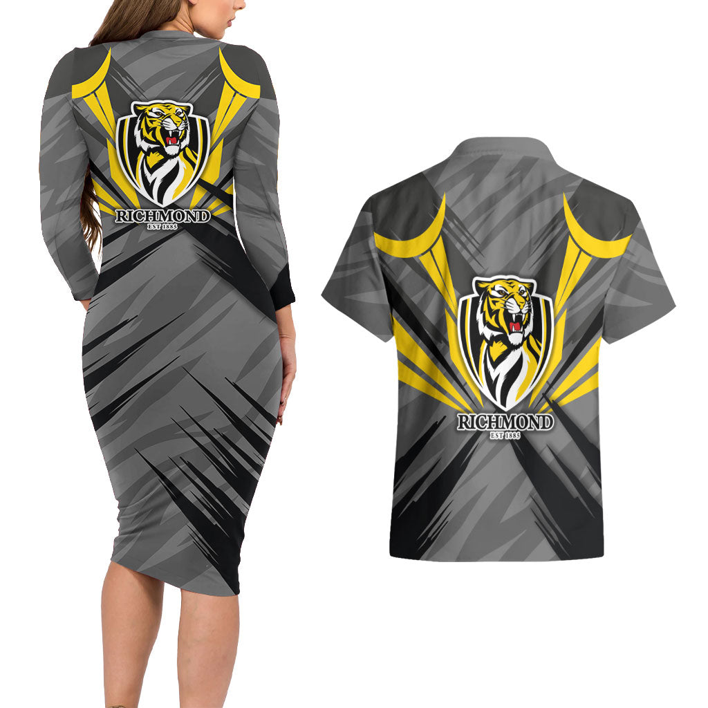 Richmond Tigers Australian Football Couples Matching Long Sleeve Bodycon Dress and Hawaiian Shirt Fierce Tiger Mascot - Bold Team Colors