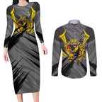 Richmond Tigers Australian Football Couples Matching Long Sleeve Bodycon Dress and Long Sleeve Button Shirt Fierce Tiger Mascot - Bold Team Colors