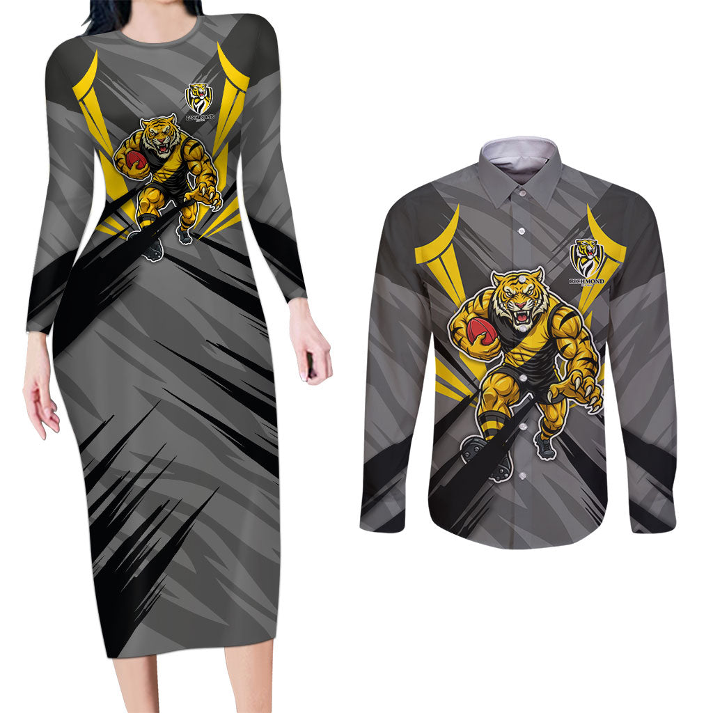 Richmond Tigers Australian Football Couples Matching Long Sleeve Bodycon Dress and Long Sleeve Button Shirt Fierce Tiger Mascot - Bold Team Colors
