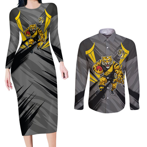 Richmond Tigers Australian Football Couples Matching Long Sleeve Bodycon Dress and Long Sleeve Button Shirt Fierce Tiger Mascot - Bold Team Colors