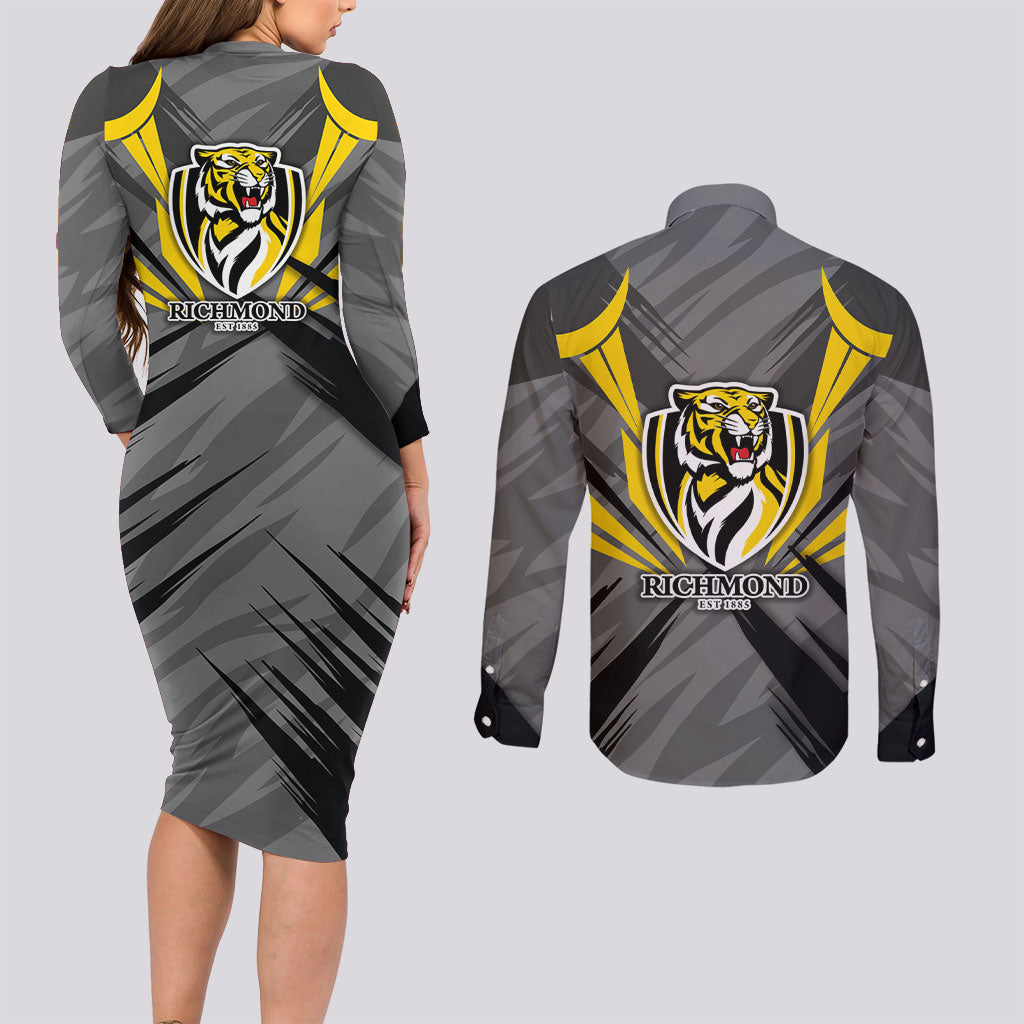 Richmond Tigers Australian Football Couples Matching Long Sleeve Bodycon Dress and Long Sleeve Button Shirt Fierce Tiger Mascot - Bold Team Colors