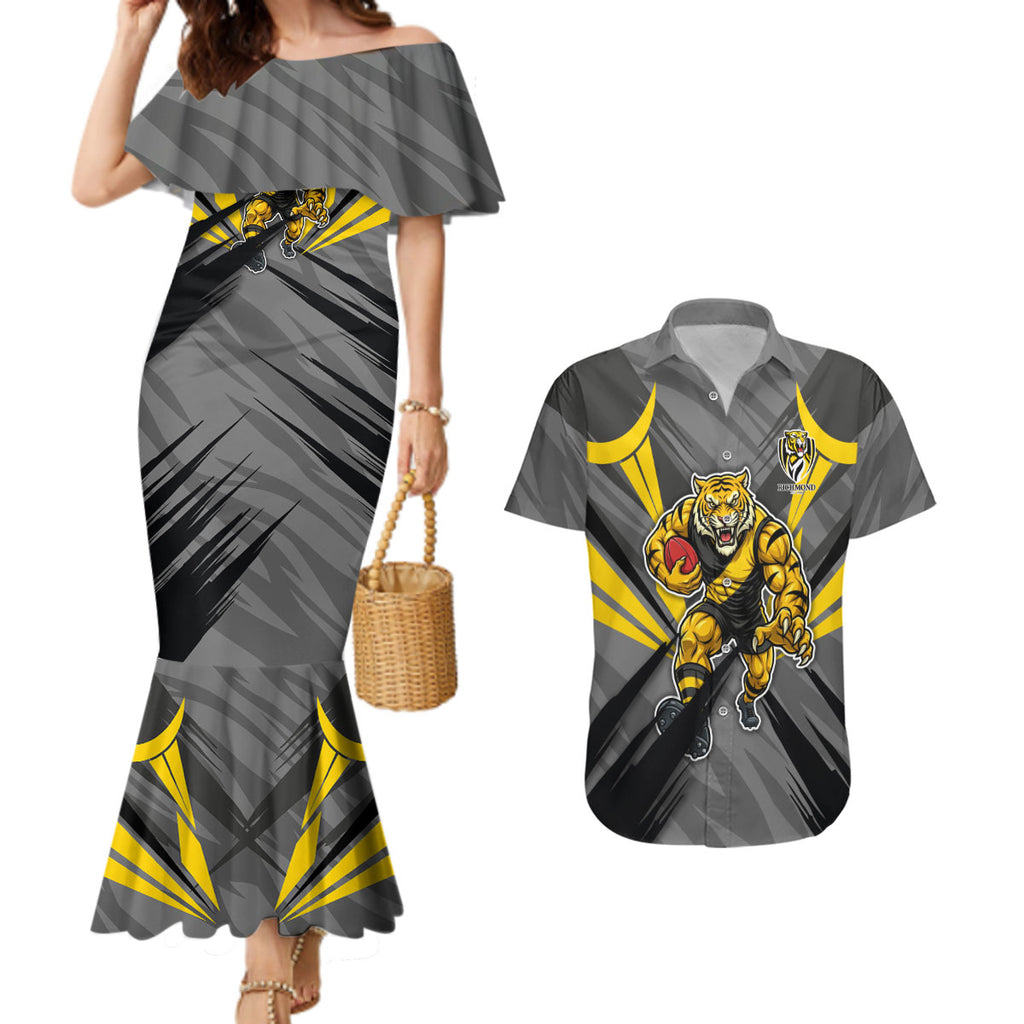Richmond Tigers Australian Football Couples Matching Mermaid Dress and Hawaiian Shirt Fierce Tiger Mascot - Bold Team Colors