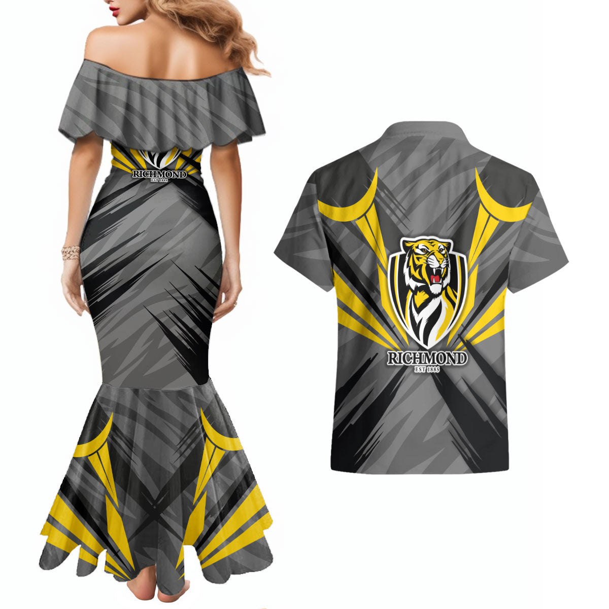 Richmond Tigers Australian Football Couples Matching Mermaid Dress and Hawaiian Shirt Fierce Tiger Mascot - Bold Team Colors