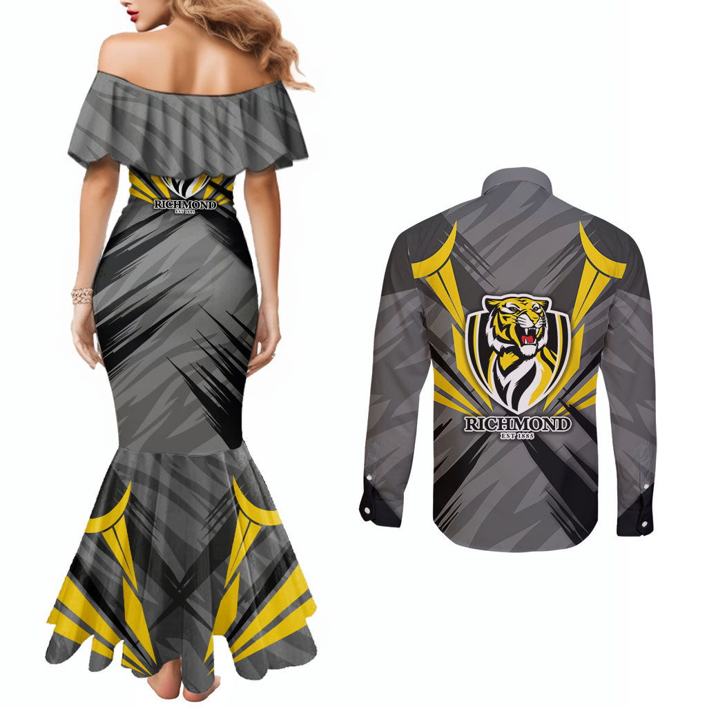 Richmond Tigers Australian Football Couples Matching Mermaid Dress and Long Sleeve Button Shirt Fierce Tiger Mascot - Bold Team Colors
