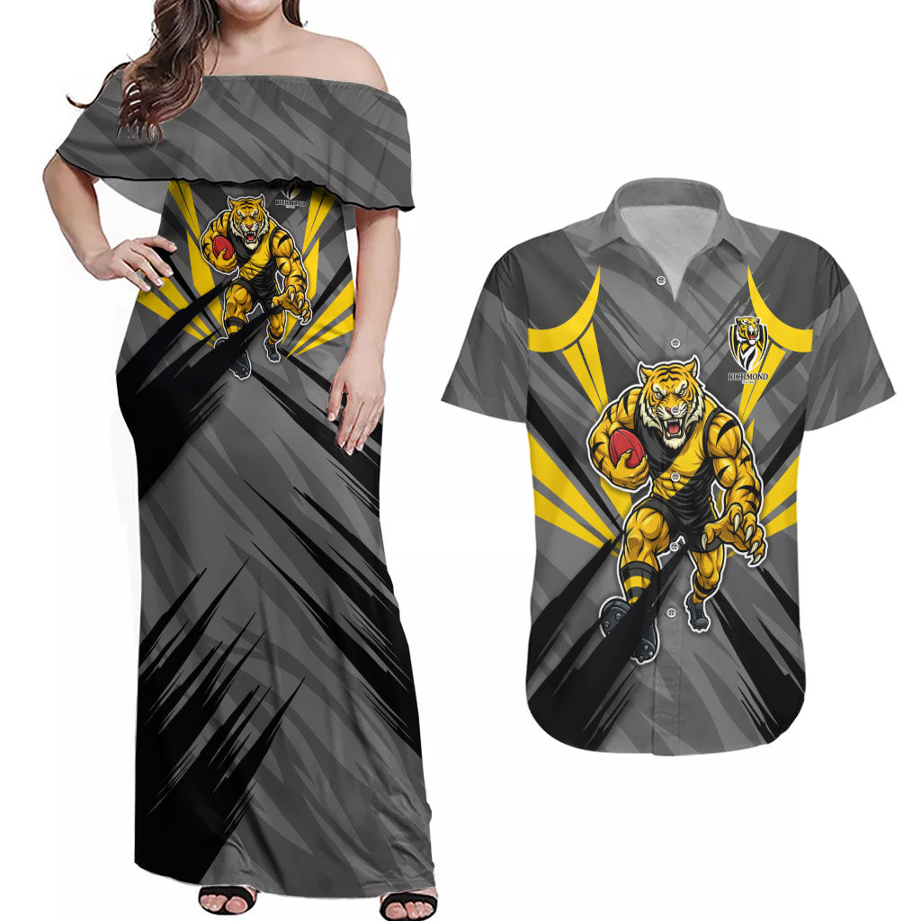 Richmond Tigers Australian Football Couples Matching Off Shoulder Maxi Dress and Hawaiian Shirt Fierce Tiger Mascot - Bold Team Colors