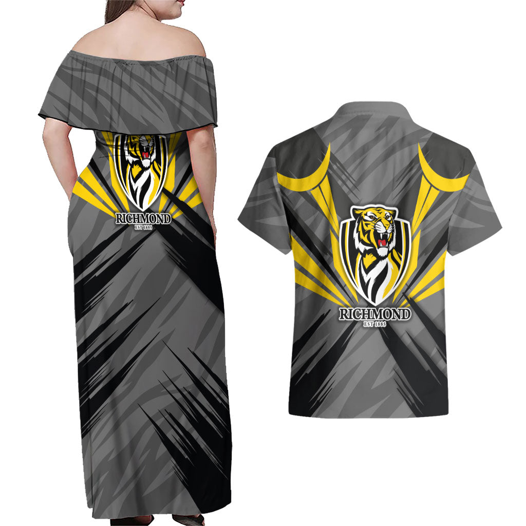 Richmond Tigers Australian Football Couples Matching Off Shoulder Maxi Dress and Hawaiian Shirt Fierce Tiger Mascot - Bold Team Colors