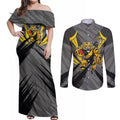 Richmond Tigers Australian Football Couples Matching Off Shoulder Maxi Dress and Long Sleeve Button Shirt Fierce Tiger Mascot - Bold Team Colors