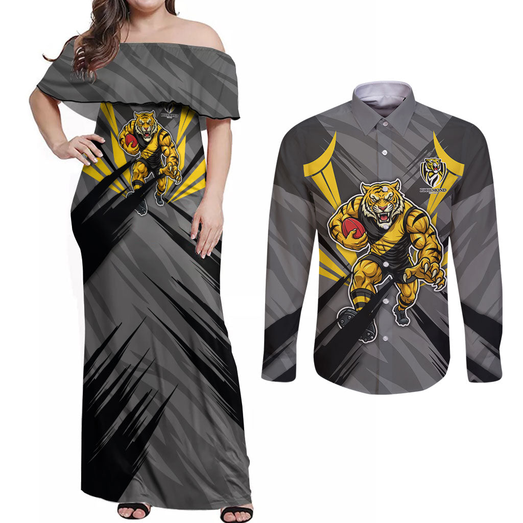 Richmond Tigers Australian Football Couples Matching Off Shoulder Maxi Dress and Long Sleeve Button Shirt Fierce Tiger Mascot - Bold Team Colors