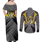 Richmond Tigers Australian Football Couples Matching Off Shoulder Maxi Dress and Long Sleeve Button Shirt Fierce Tiger Mascot - Bold Team Colors