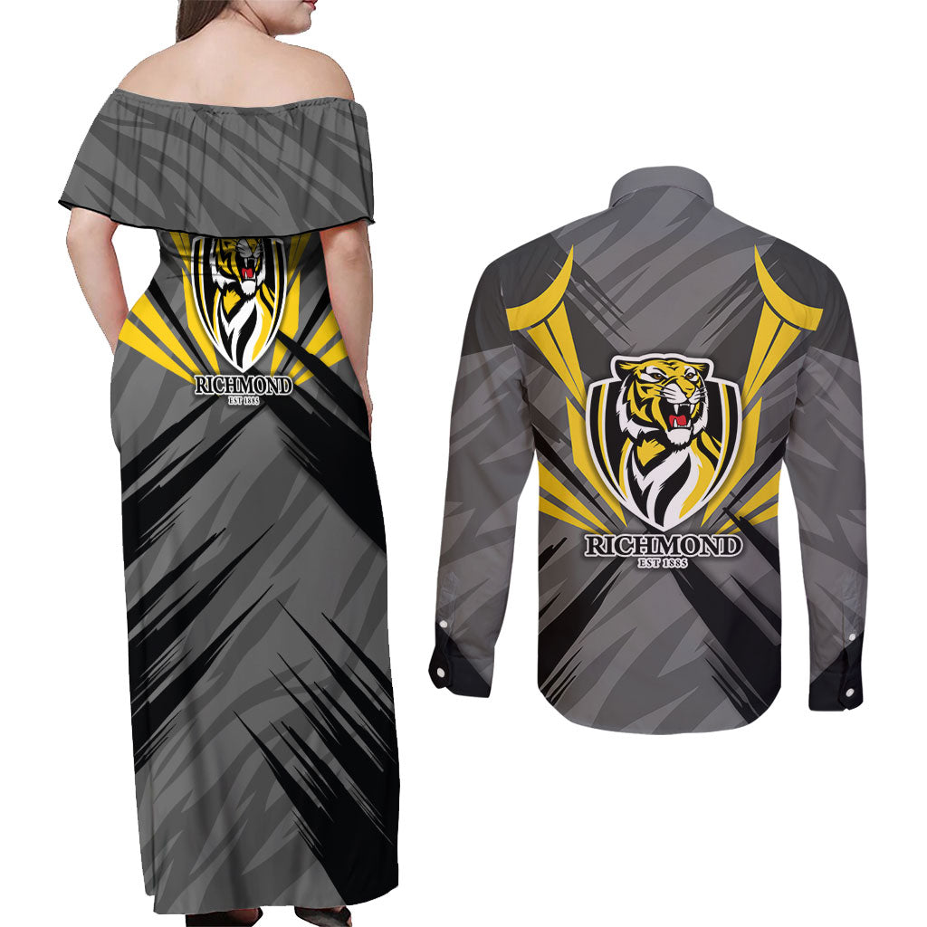 Richmond Tigers Australian Football Couples Matching Off Shoulder Maxi Dress and Long Sleeve Button Shirt Fierce Tiger Mascot - Bold Team Colors