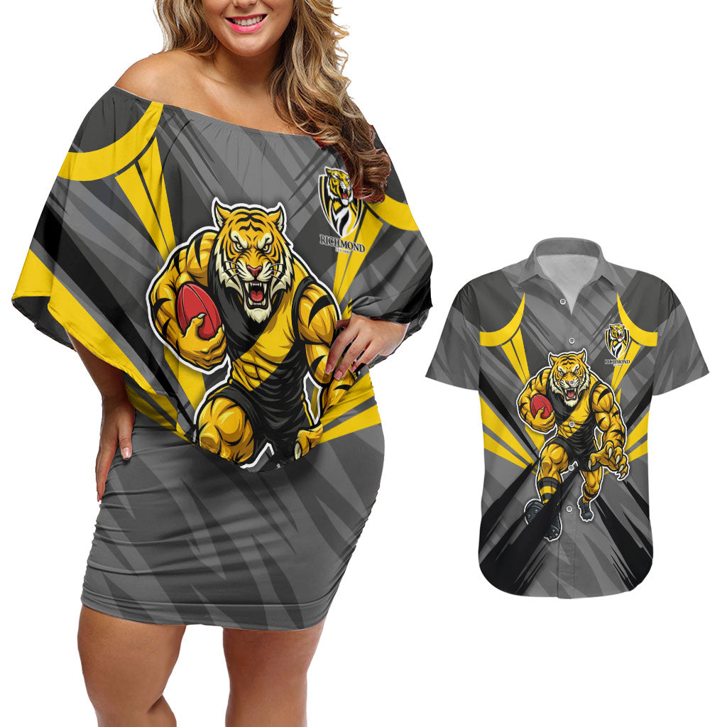 Richmond Tigers Australian Football Couples Matching Off Shoulder Short Dress and Hawaiian Shirt Fierce Tiger Mascot - Bold Team Colors