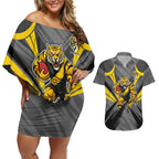 Richmond Tigers Australian Football Couples Matching Off Shoulder Short Dress and Hawaiian Shirt Fierce Tiger Mascot - Bold Team Colors