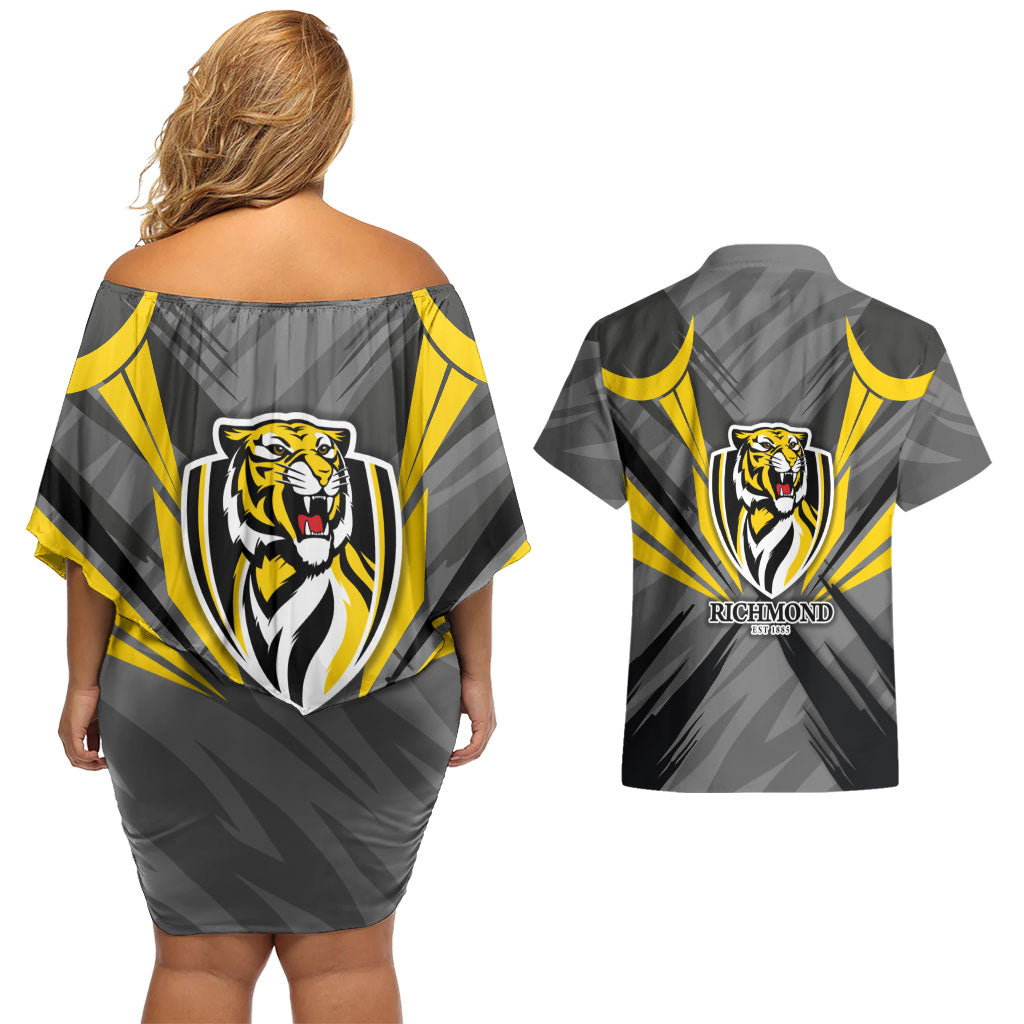 Richmond Tigers Australian Football Couples Matching Off Shoulder Short Dress and Hawaiian Shirt Fierce Tiger Mascot - Bold Team Colors