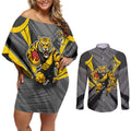 Richmond Tigers Australian Football Couples Matching Off Shoulder Short Dress and Long Sleeve Button Shirt Fierce Tiger Mascot - Bold Team Colors