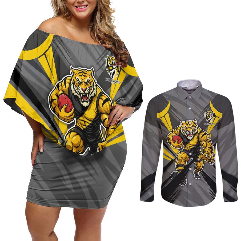 Richmond Tigers Australian Football Couples Matching Off Shoulder Short Dress and Long Sleeve Button Shirt Fierce Tiger Mascot - Bold Team Colors