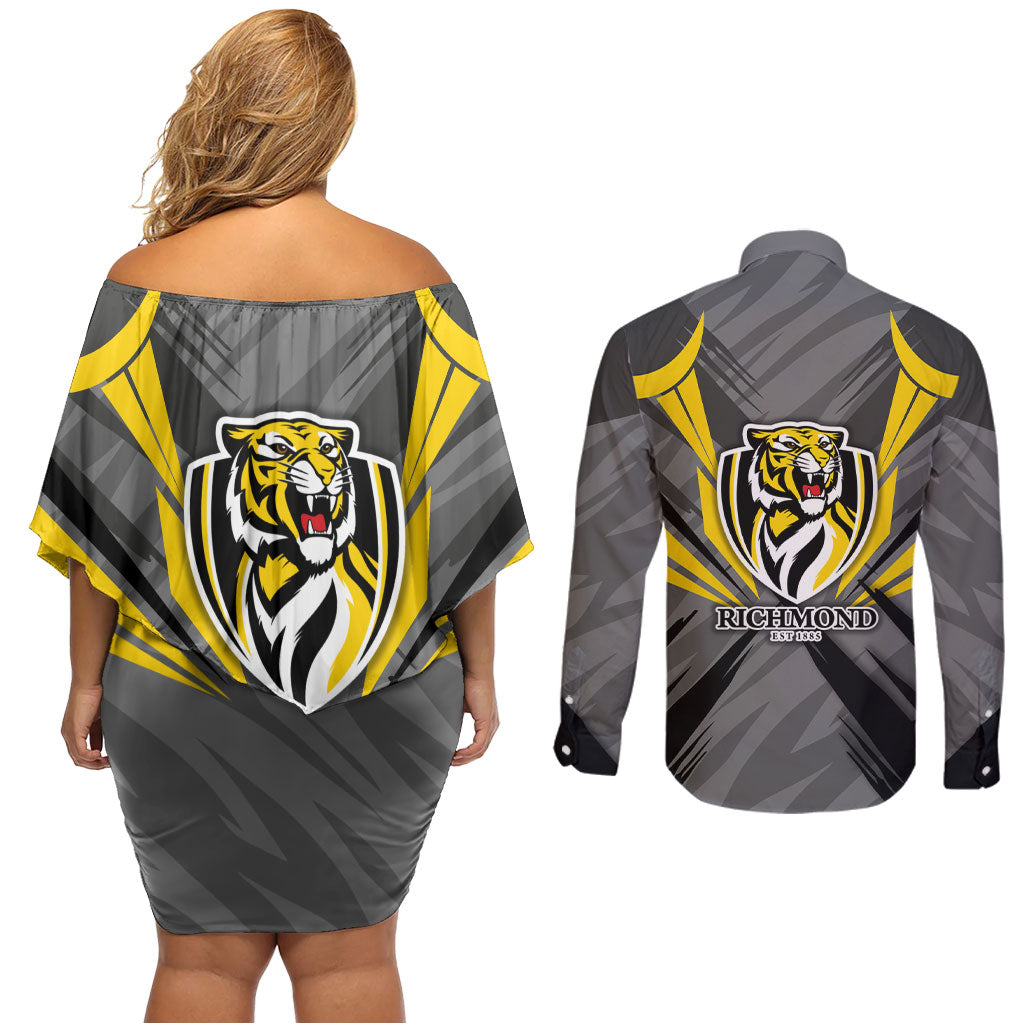Richmond Tigers Australian Football Couples Matching Off Shoulder Short Dress and Long Sleeve Button Shirt Fierce Tiger Mascot - Bold Team Colors