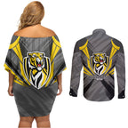 Richmond Tigers Australian Football Couples Matching Off Shoulder Short Dress and Long Sleeve Button Shirt Fierce Tiger Mascot - Bold Team Colors