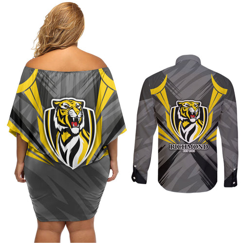 Richmond Tigers Australian Football Couples Matching Off Shoulder Short Dress and Long Sleeve Button Shirt Fierce Tiger Mascot - Bold Team Colors