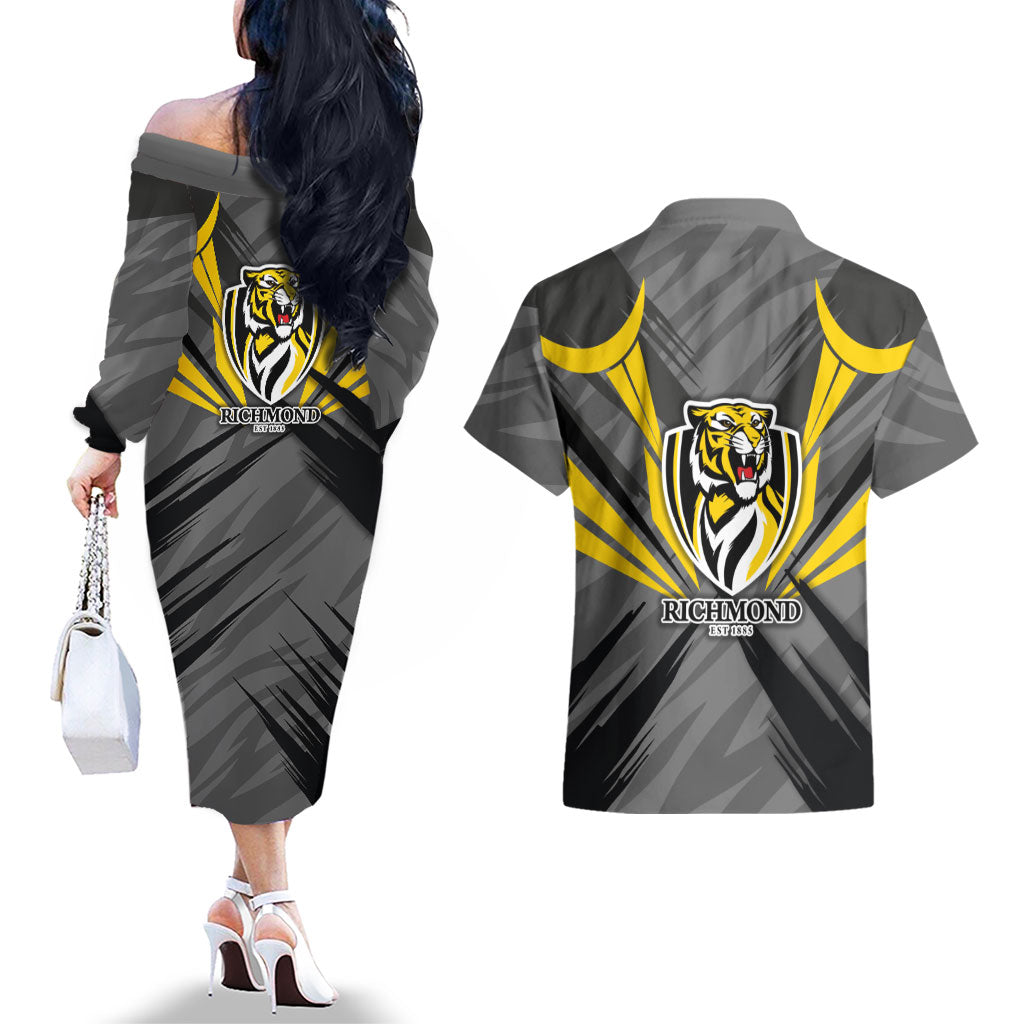 Richmond Tigers Australian Football Couples Matching Off The Shoulder Long Sleeve Dress and Hawaiian Shirt Fierce Tiger Mascot - Bold Team Colors