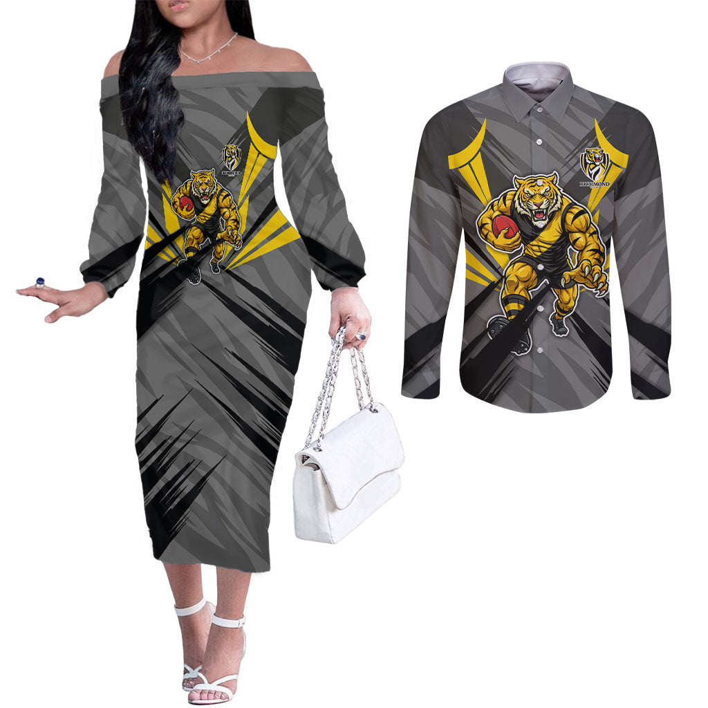Richmond Tigers Australian Football Couples Matching Off The Shoulder Long Sleeve Dress and Long Sleeve Button Shirt Fierce Tiger Mascot - Bold Team Colors