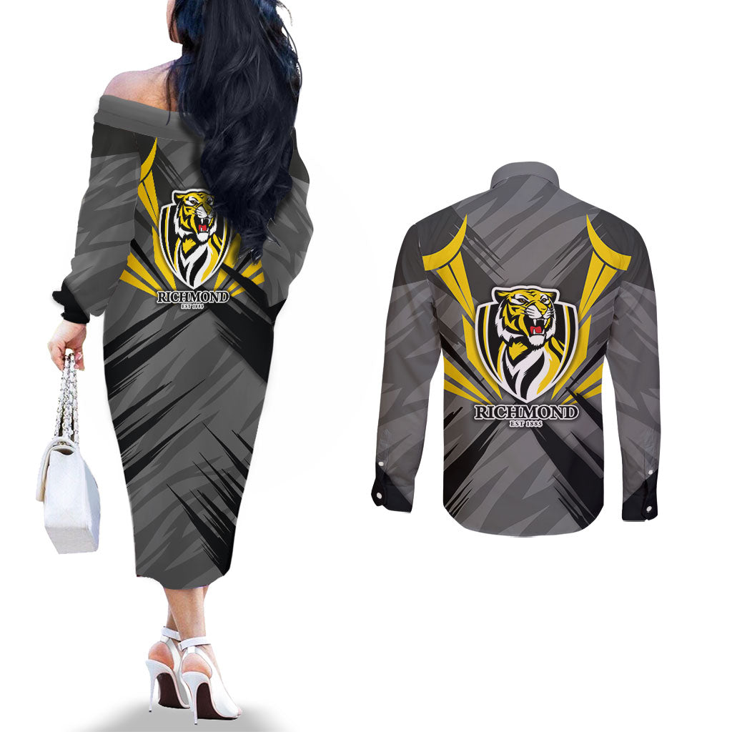 Richmond Tigers Australian Football Couples Matching Off The Shoulder Long Sleeve Dress and Long Sleeve Button Shirt Fierce Tiger Mascot - Bold Team Colors