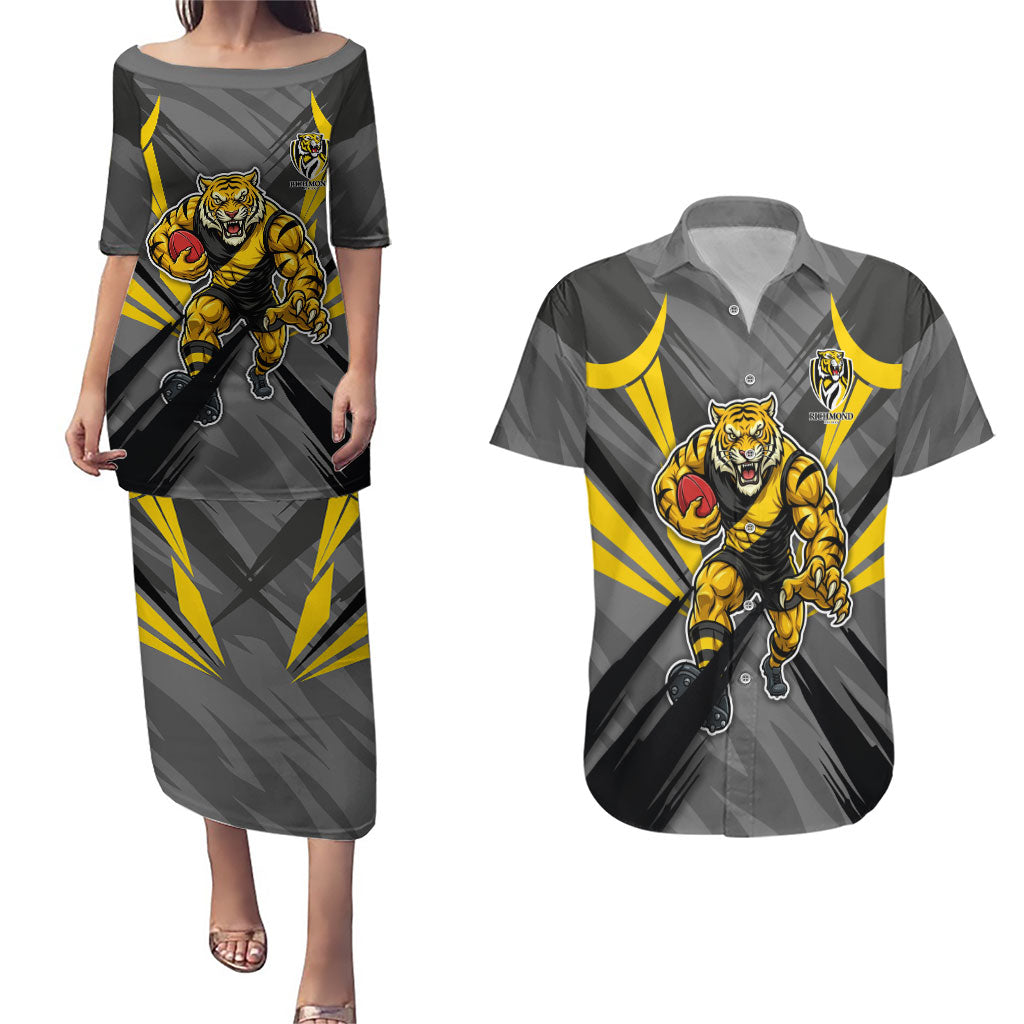 Richmond Tigers Australian Football Couples Matching Puletasi and Hawaiian Shirt Fierce Tiger Mascot - Bold Team Colors