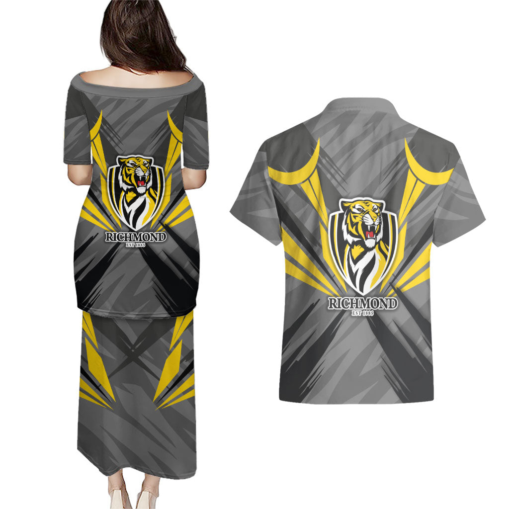 Richmond Tigers Australian Football Couples Matching Puletasi and Hawaiian Shirt Fierce Tiger Mascot - Bold Team Colors