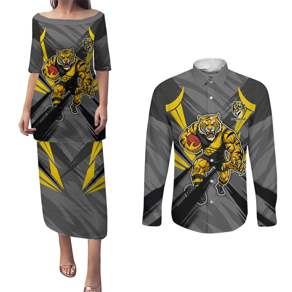 Richmond Tigers Australian Football Couples Matching Puletasi and Long Sleeve Button Shirt Fierce Tiger Mascot - Bold Team Colors