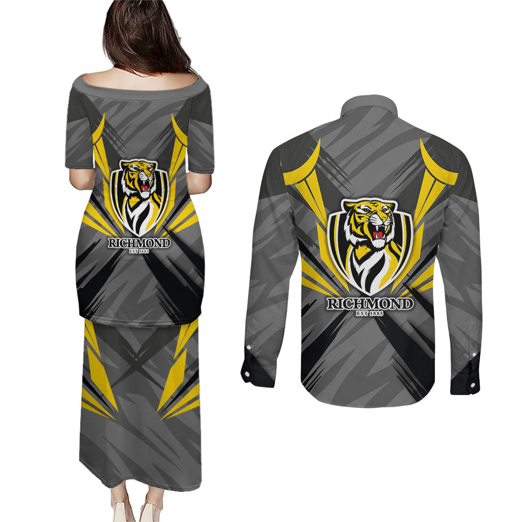 Richmond Tigers Australian Football Couples Matching Puletasi and Long Sleeve Button Shirt Fierce Tiger Mascot - Bold Team Colors