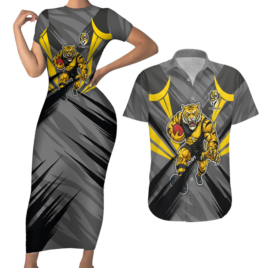 Richmond Tigers Australian Football Couples Matching Short Sleeve Bodycon Dress and Hawaiian Shirt Fierce Tiger Mascot - Bold Team Colors