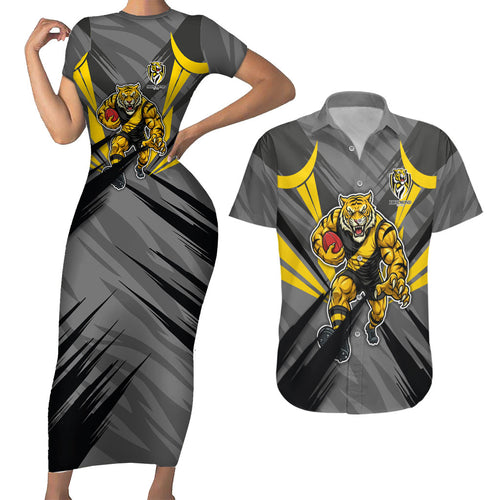 Richmond Tigers Australian Football Couples Matching Short Sleeve Bodycon Dress and Hawaiian Shirt Fierce Tiger Mascot - Bold Team Colors